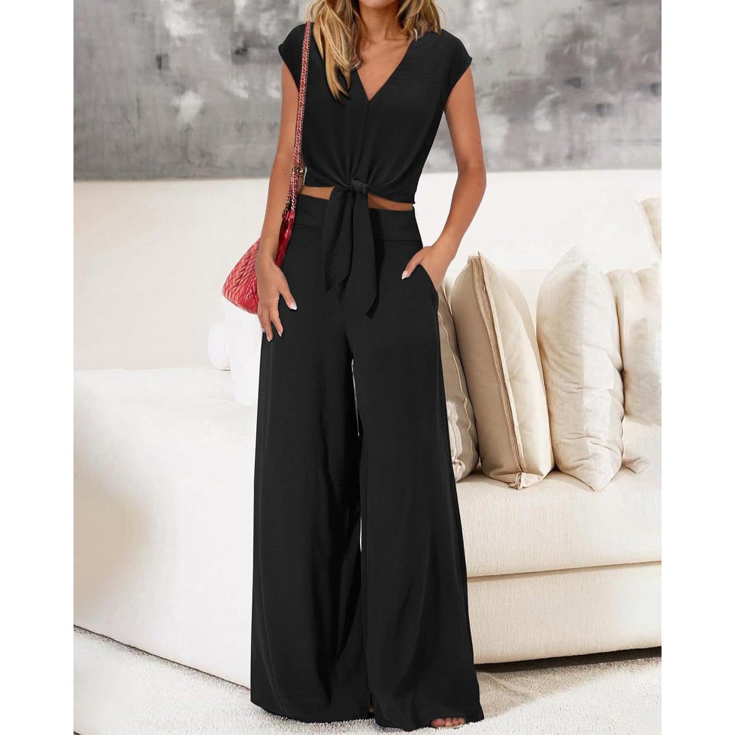 Analise - Ensemble élégant avec top et pantalon taille haute à jambe large
