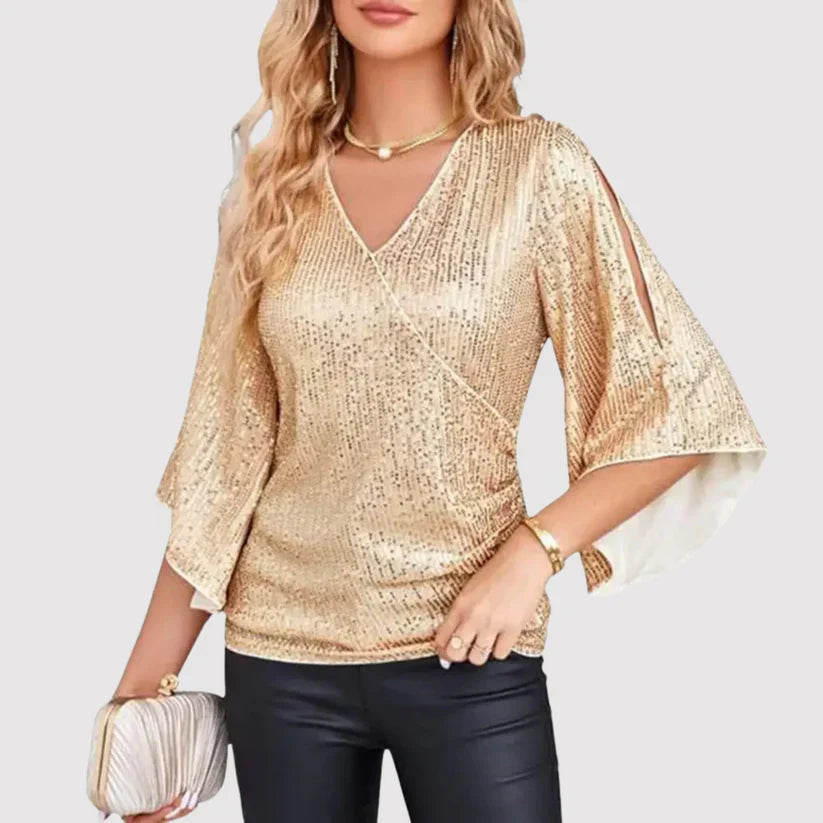 Susan - Haut élégant à paillettes avec col en V et manches cloches