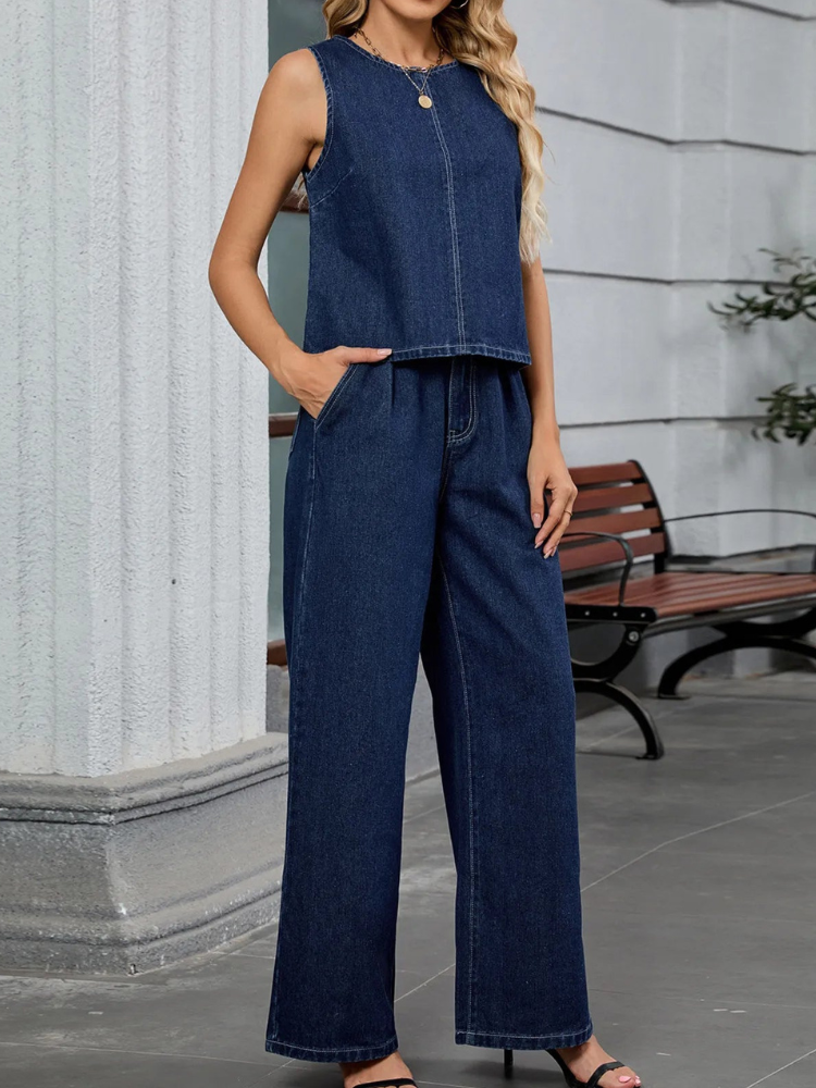 Chantel - Ensemble denim avec débardeur à col rond et pantalon en jean
