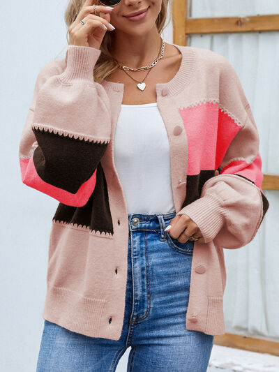 Roxana - Élégant cardigan boutonné à manches bouffantes et blocs de couleur