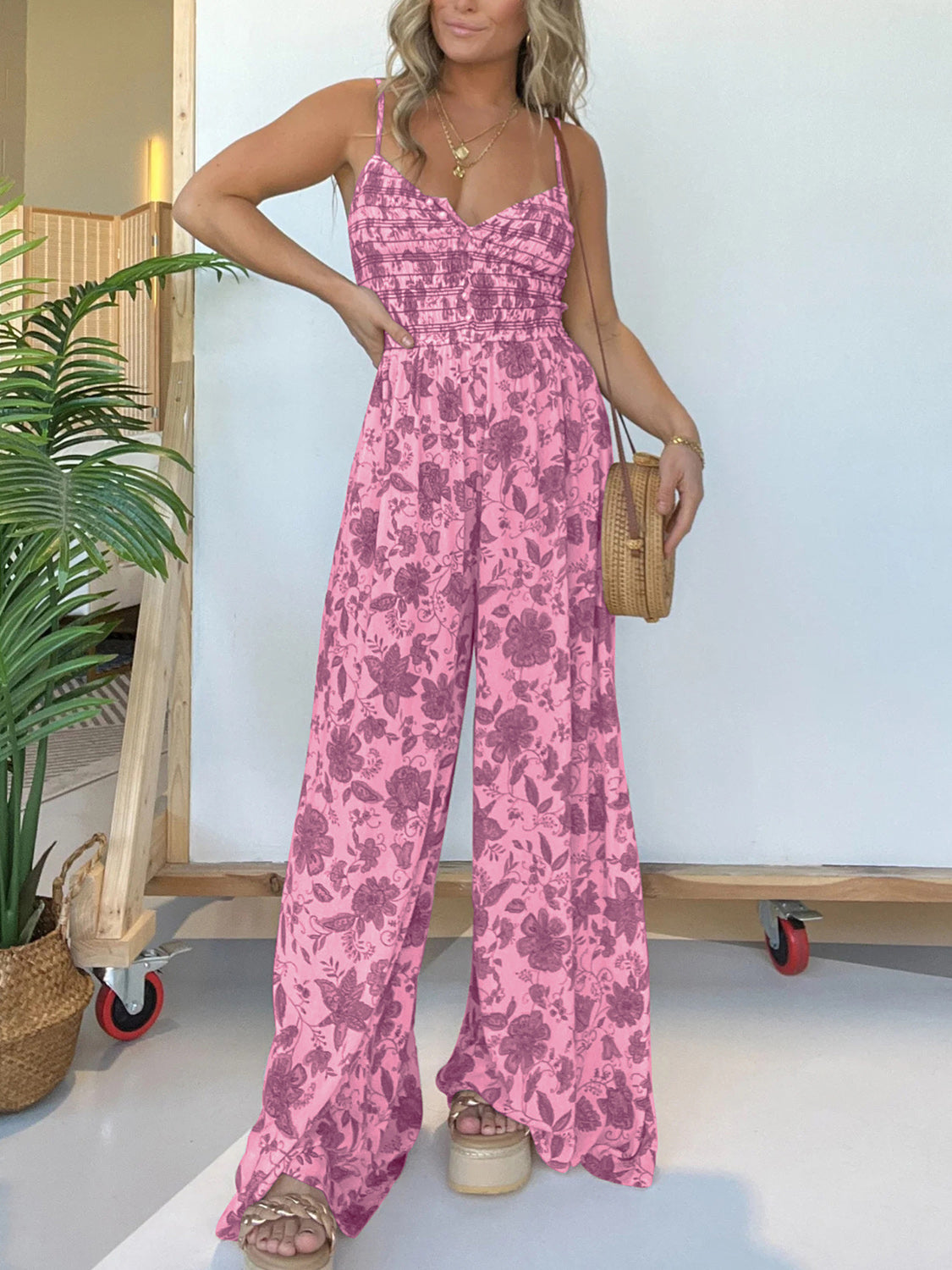 Jana - Combinaison fleurie stylée à bretelles et jambes larges