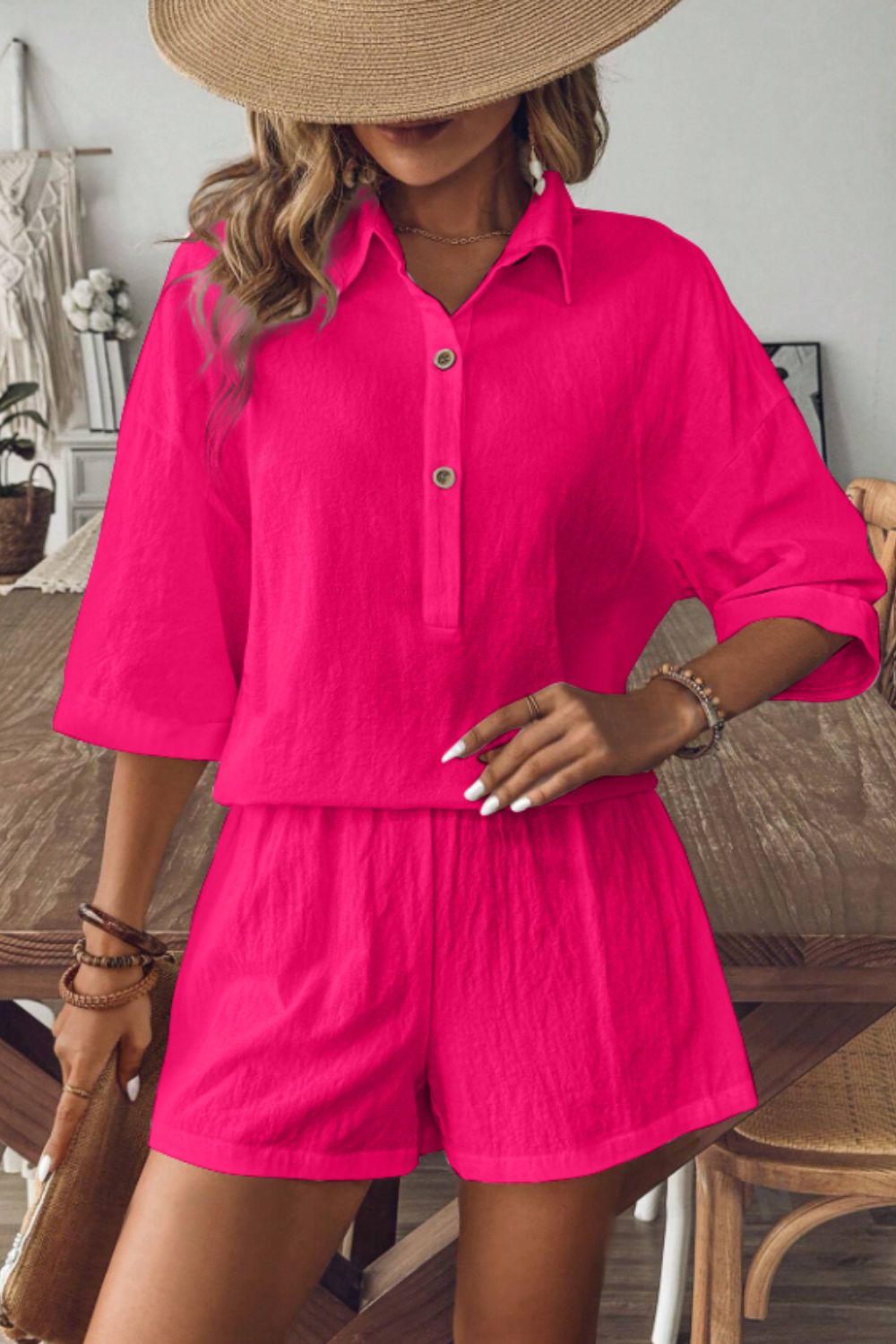 Jennie - Ensemble élégant de blouse polo à manches mi-longues et short