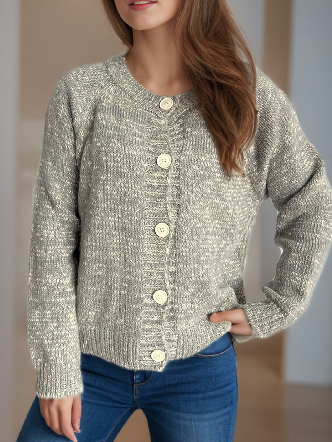 Callie - Cardigan élégant à manches longues et boutons façon chiné