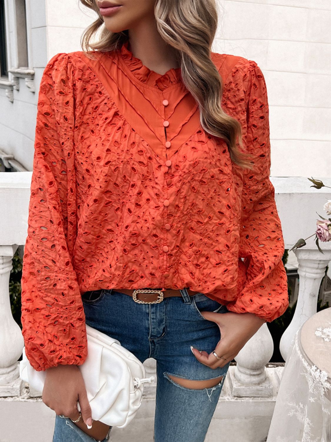 Faye - Blouse élégante à manches longues avec col rond et volants