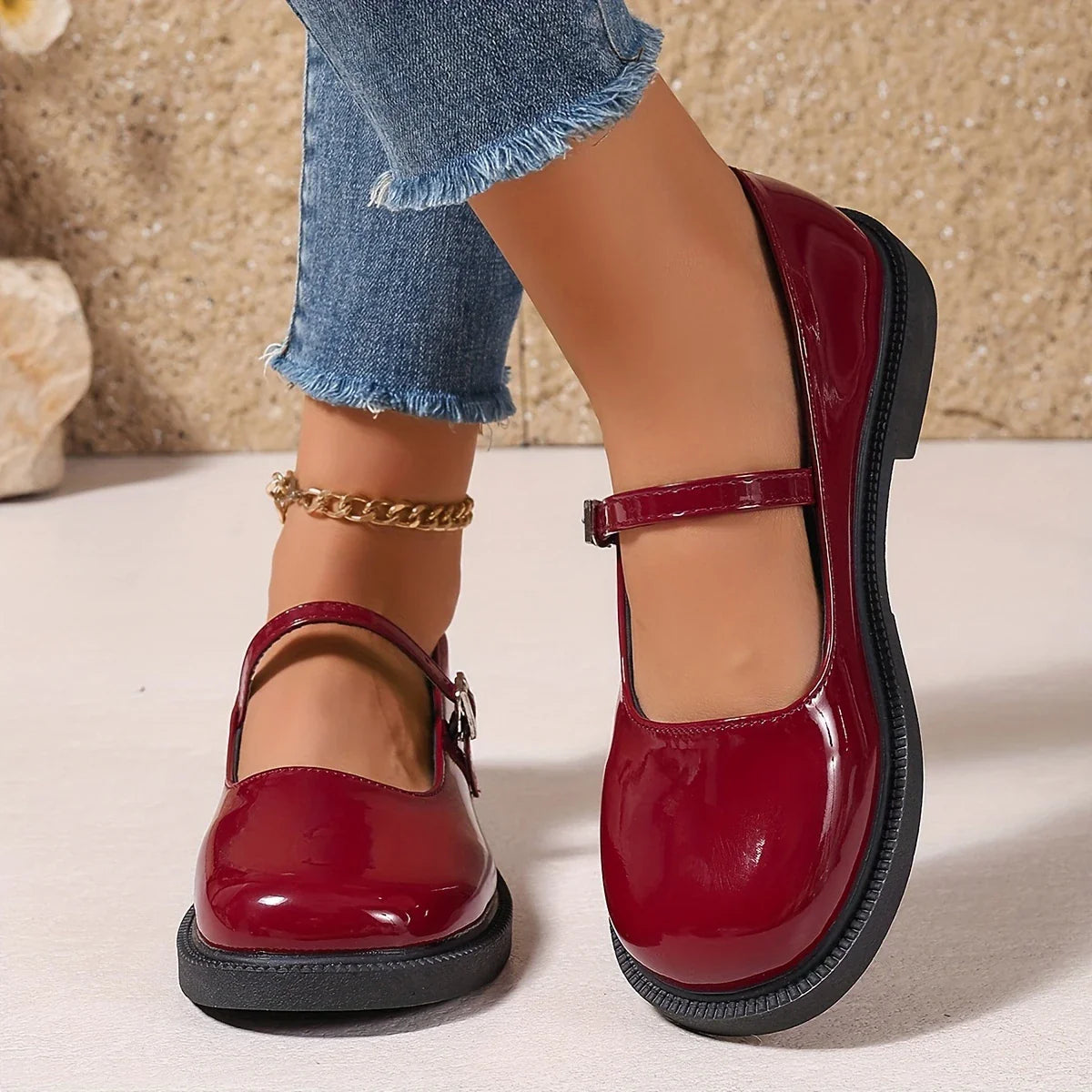 Mary Jane - Chaussures à enfiler en cuir à bout rond pour femmes