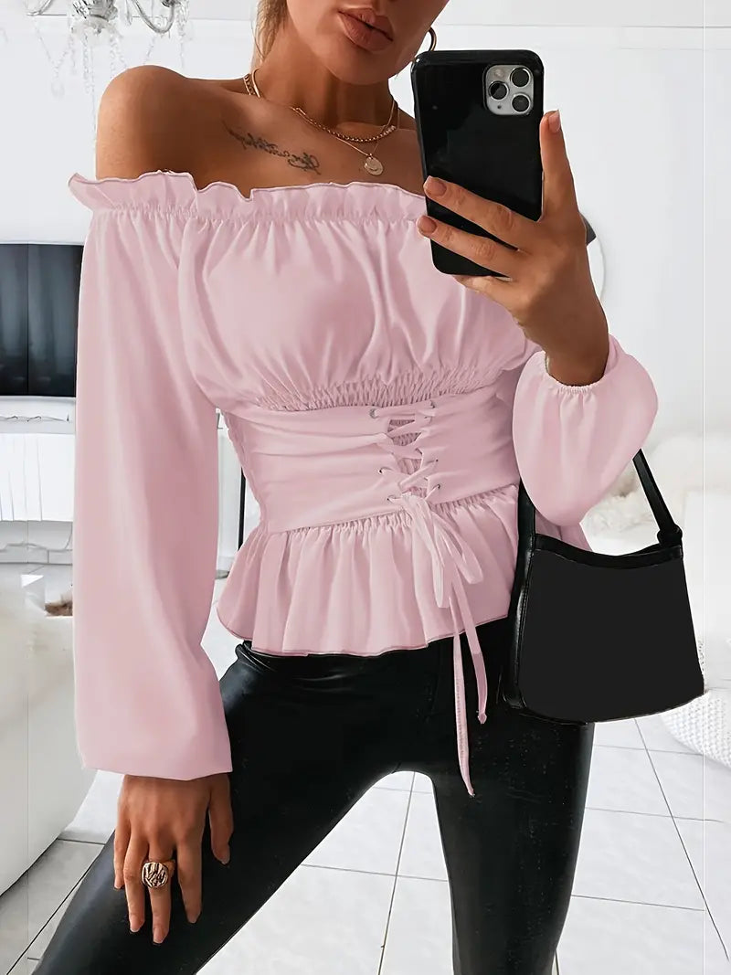 Imelda - Élégante blouse à manches longues avec volants et épaules dénudées