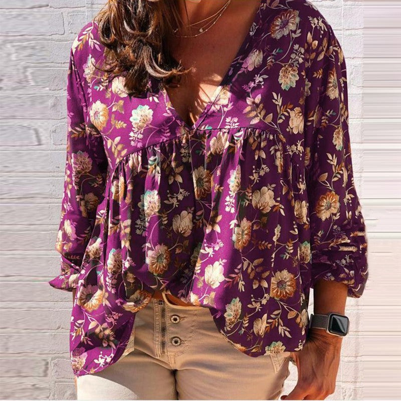 Dariana - Élégante blouse à manches longues et col en V avec imprimé floral