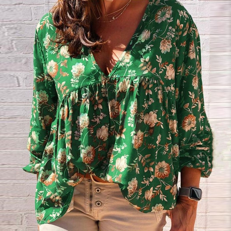 Dariana - Élégante blouse à manches longues et col en V avec imprimé floral