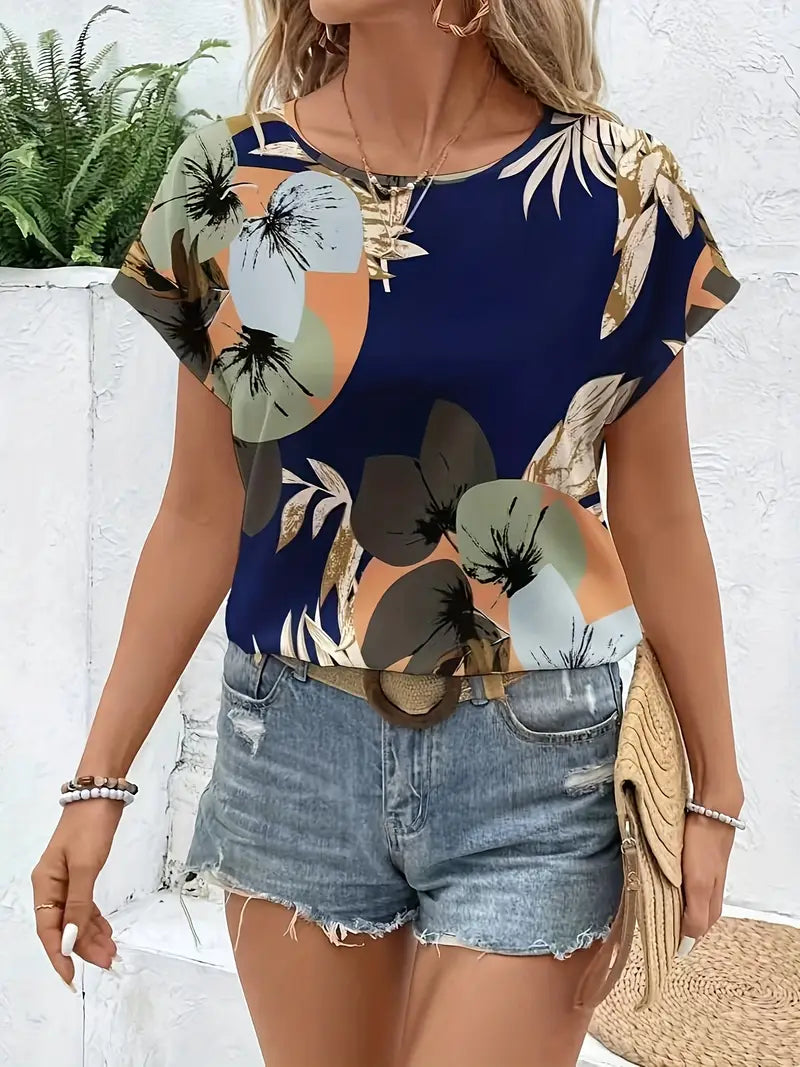 Olive - Chemisier femme élégant à motif floral et manches courtes