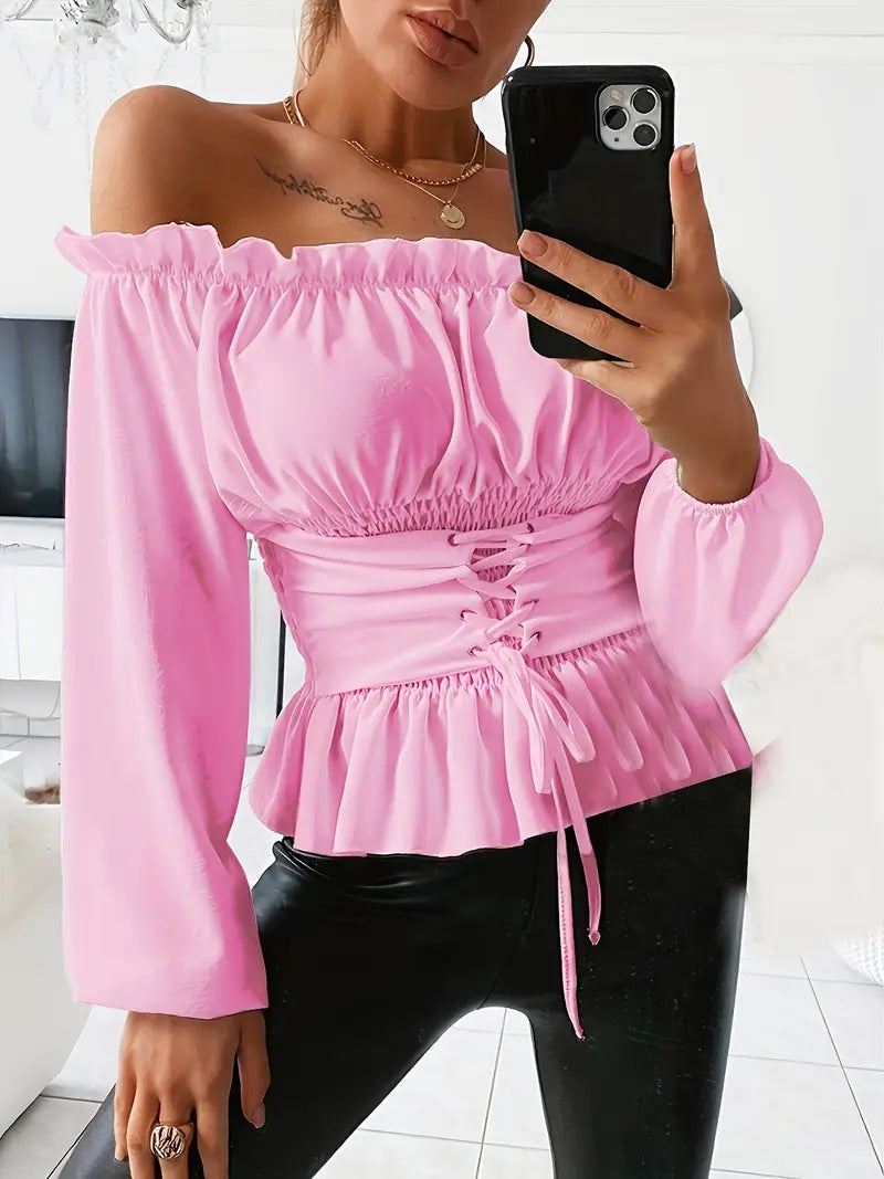 Imelda - Élégante blouse à manches longues avec volants et épaules dénudées