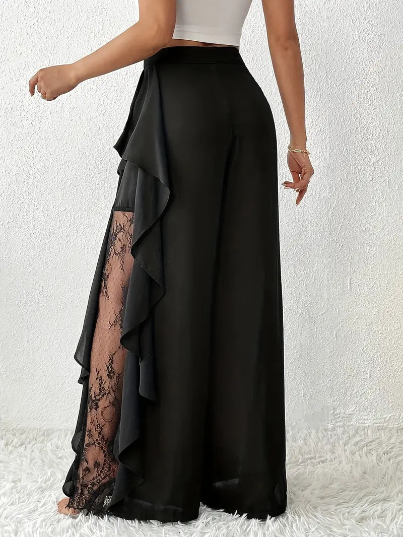 Dorice -Pantalon large élégant avec bordure en dentelle