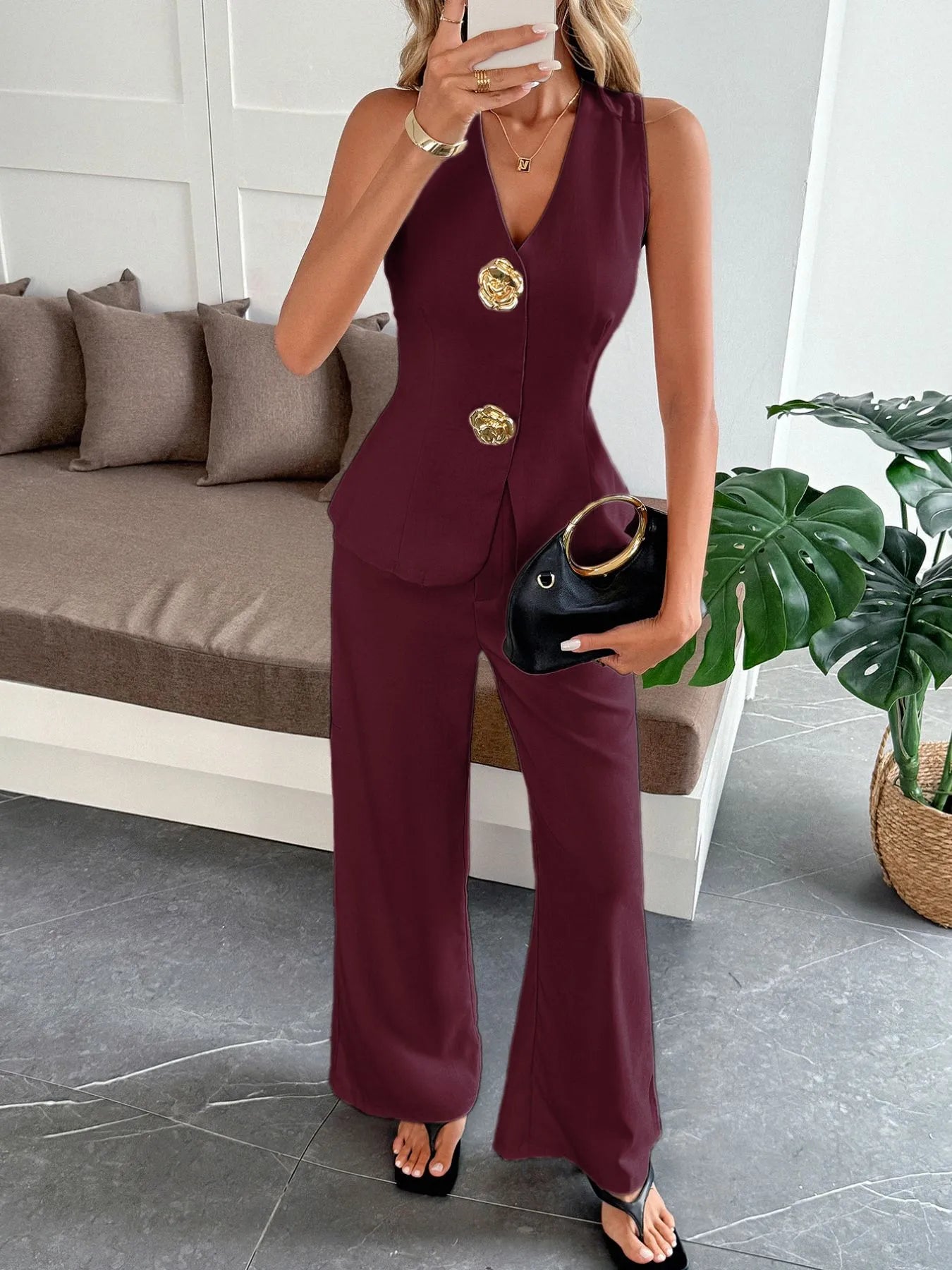 Zainah - Ensemble élégant gilet et pantalon à col en V