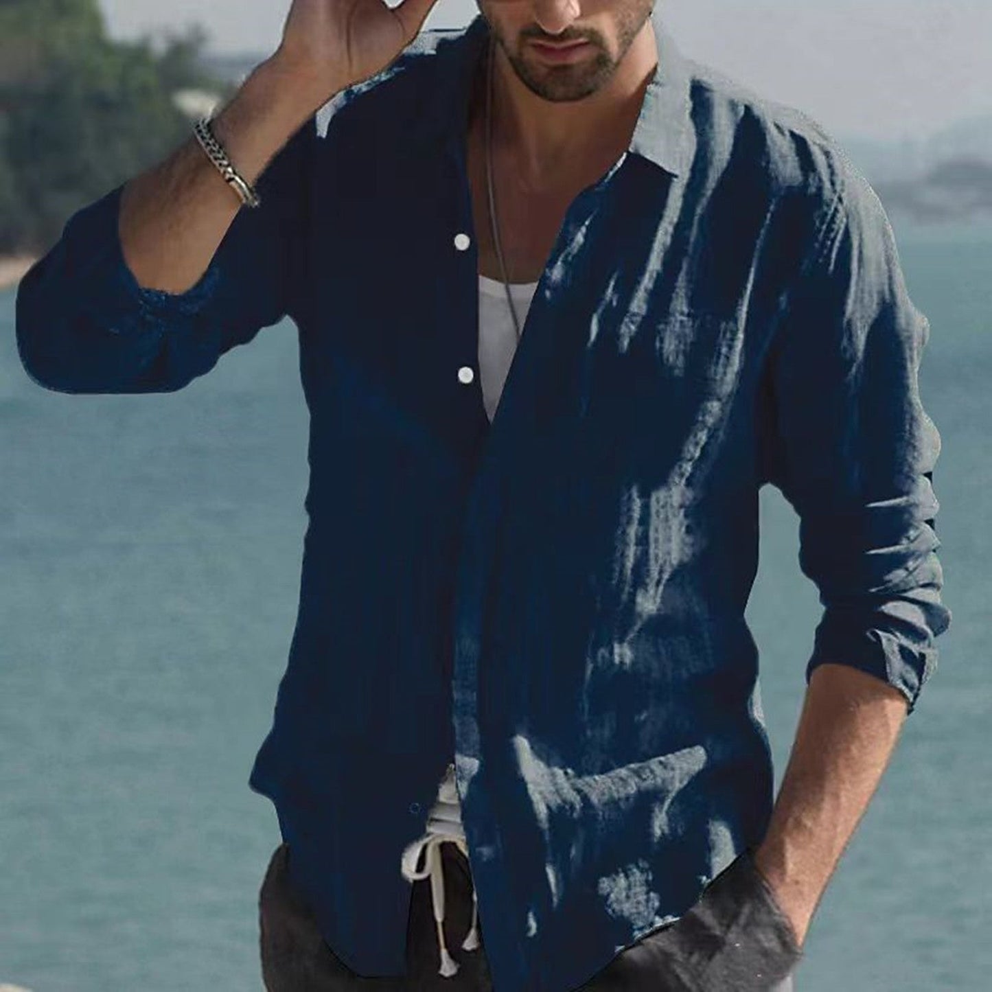 Chemise vintage en lin uni à col rabattu – Jam