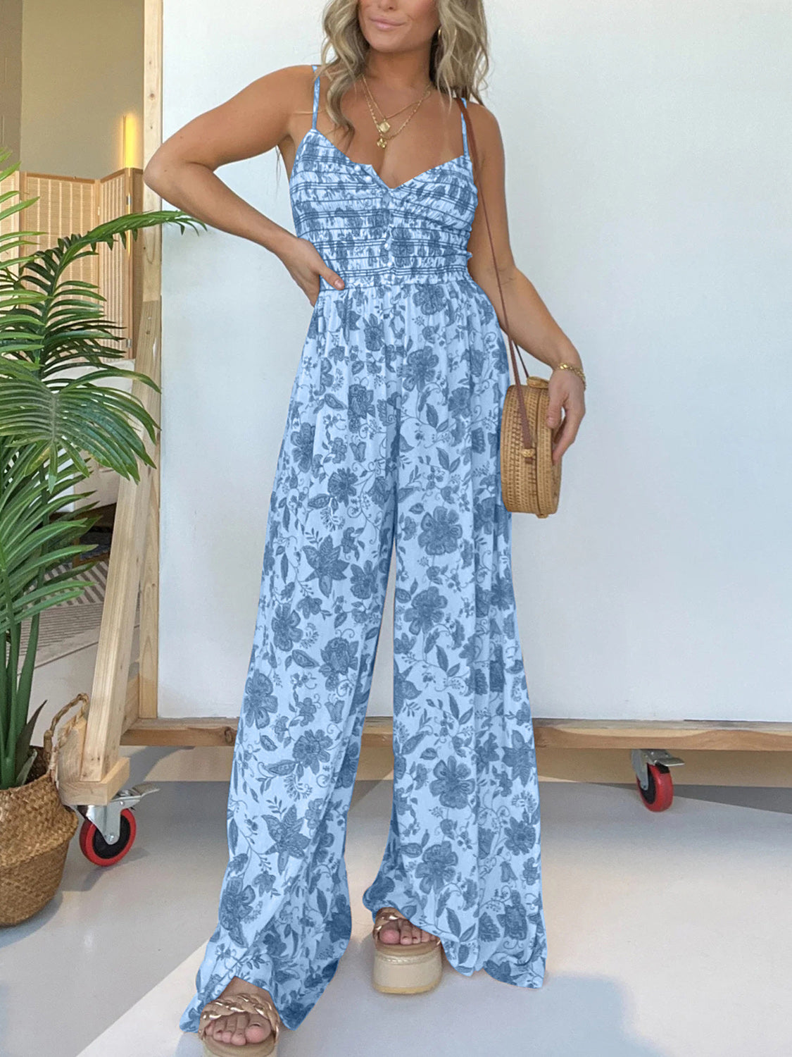 Jana - Combinaison fleurie stylée à bretelles et jambes larges