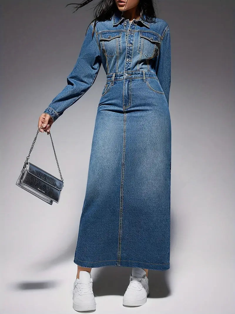 Lydia - Robe élégante à manches longues en jean pour femme