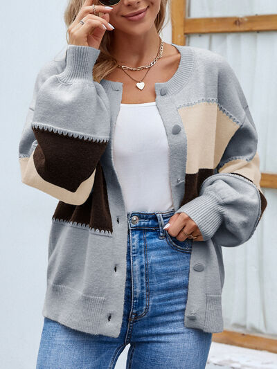 Roxana - Élégant cardigan boutonné à manches bouffantes et blocs de couleur