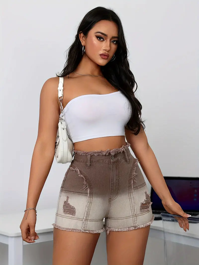 Luma - Short en jean taille haute effet vieilli ombré