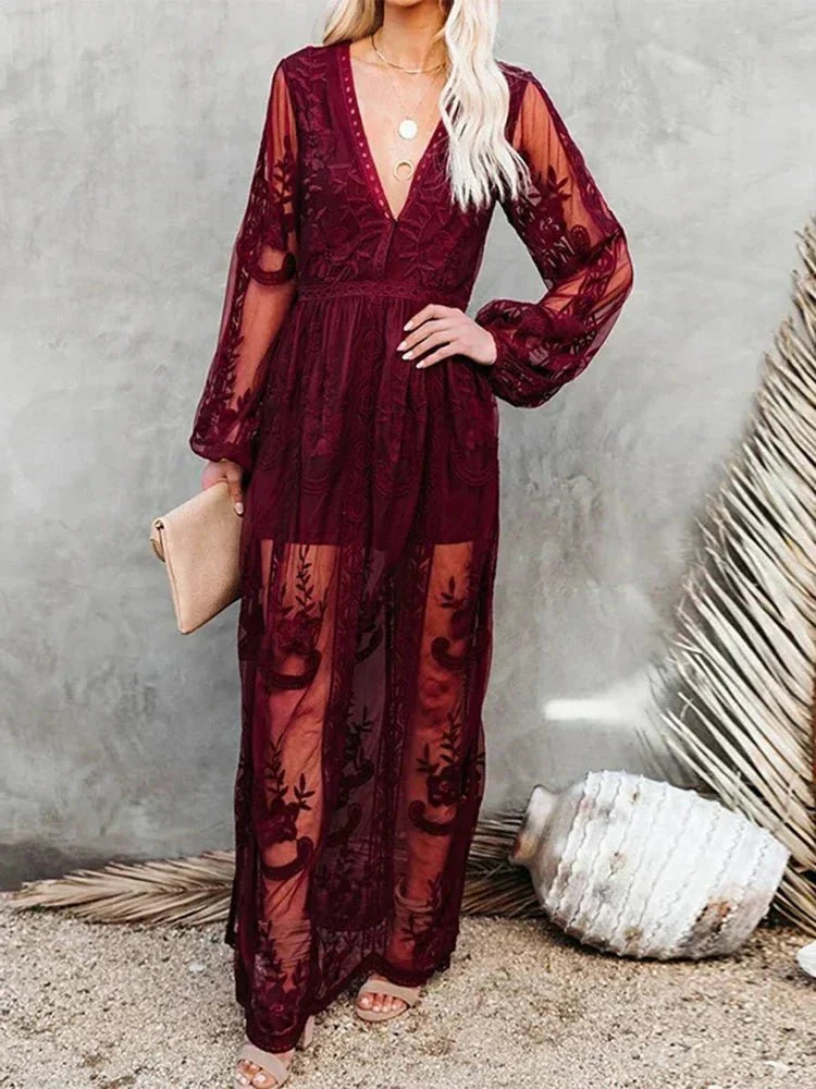 Suzanne - Robe longue élégante et fluide en dentelle boho pour femmes