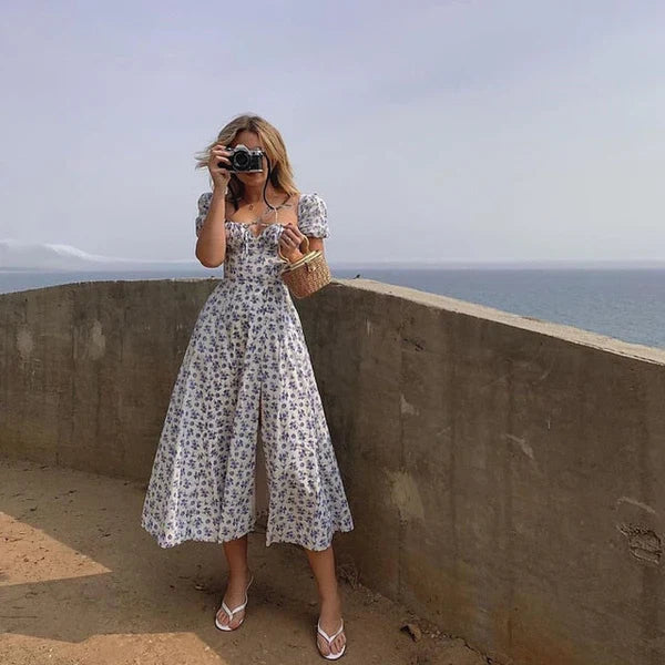 Aurelie - Robe fleurie féminine à manches bouffantes