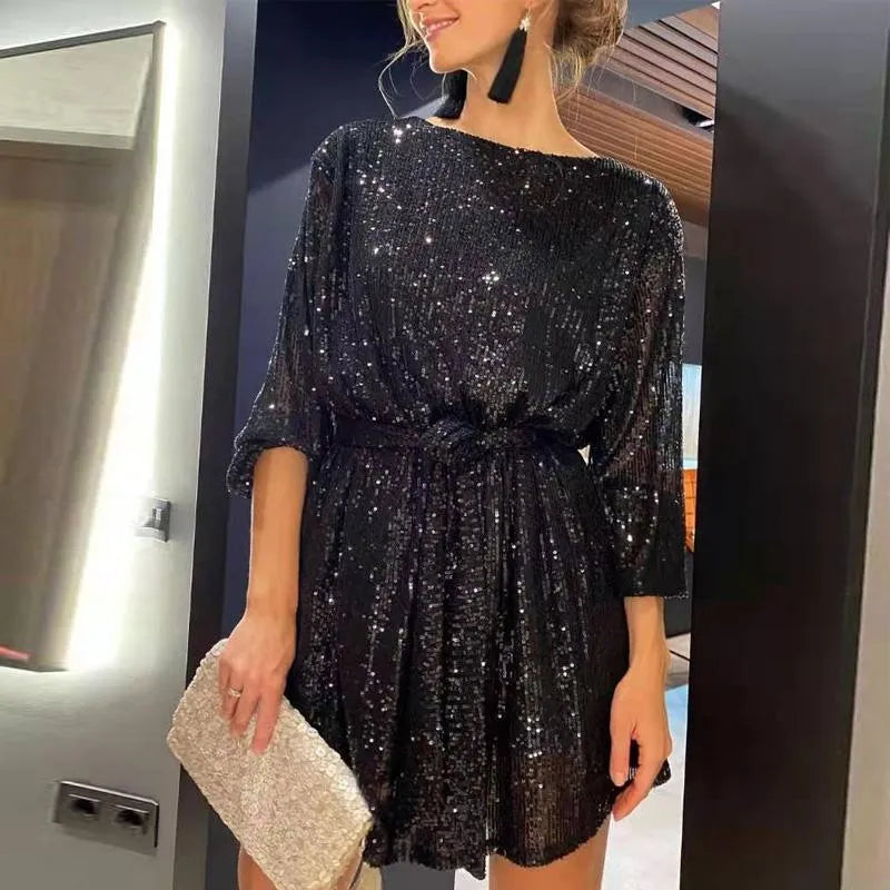 Madeline - Robe élégante à manches longues pailletées en ligne A