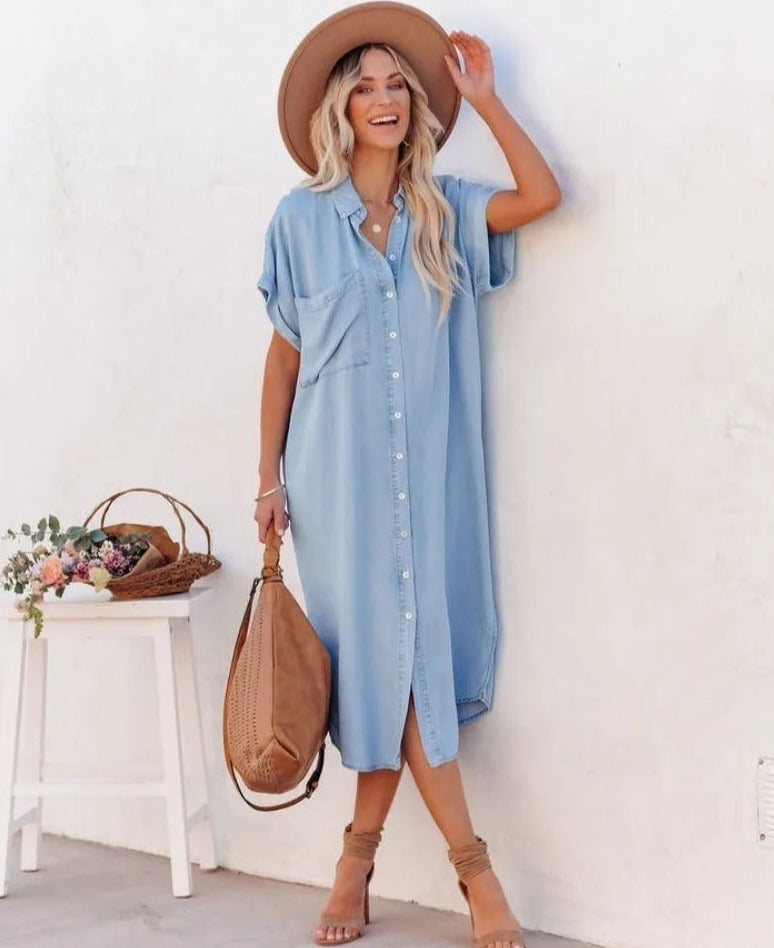 Emily - Robe chemise en denim à manches courtes