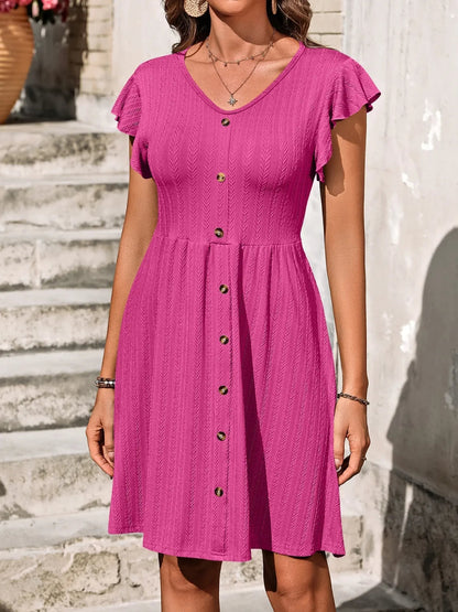 Marina - Robe élégante à manches longues avec volants et col en V boutonné