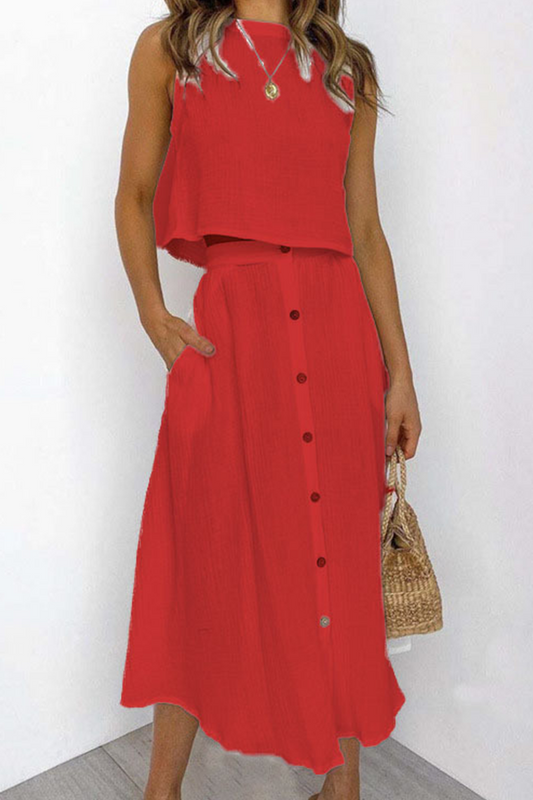 Evangeline - Blouse sans manches stylée et jupe midi boutonnée taille haute