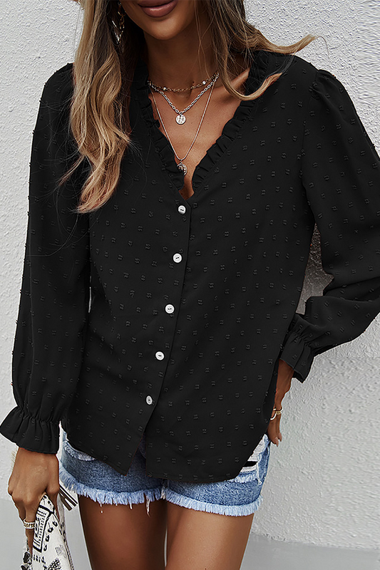 Evelina - Blouse chic à manches longues, col en V et dentelle élégante