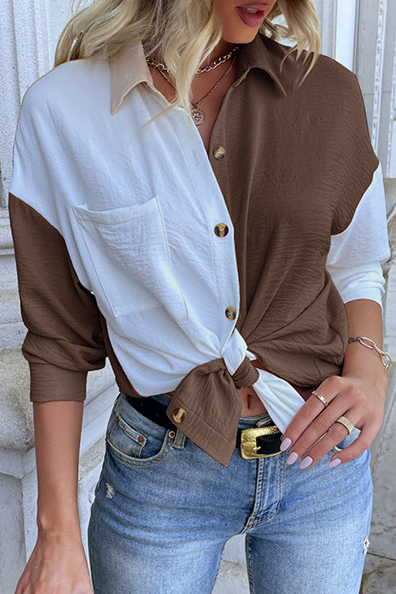 Yvonne - Blouse élégante à col rabattu et patchwork en blocs de couleur