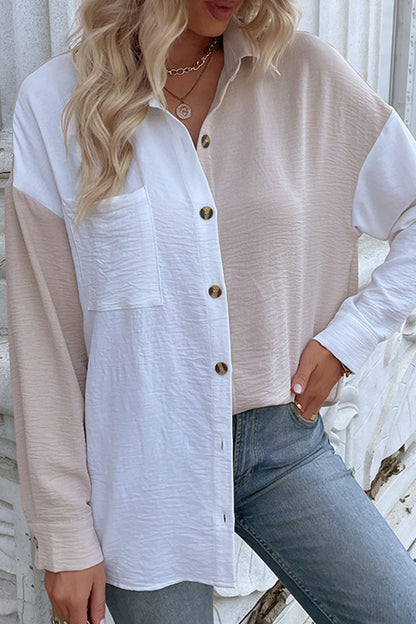 Yvonne - Blouse élégante à col rabattu et patchwork en blocs de couleur