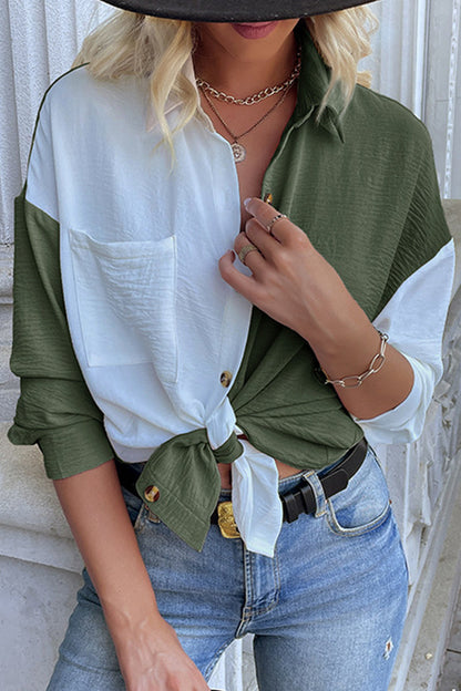 Yvonne - Blouse élégante à col rabattu et patchwork en blocs de couleur