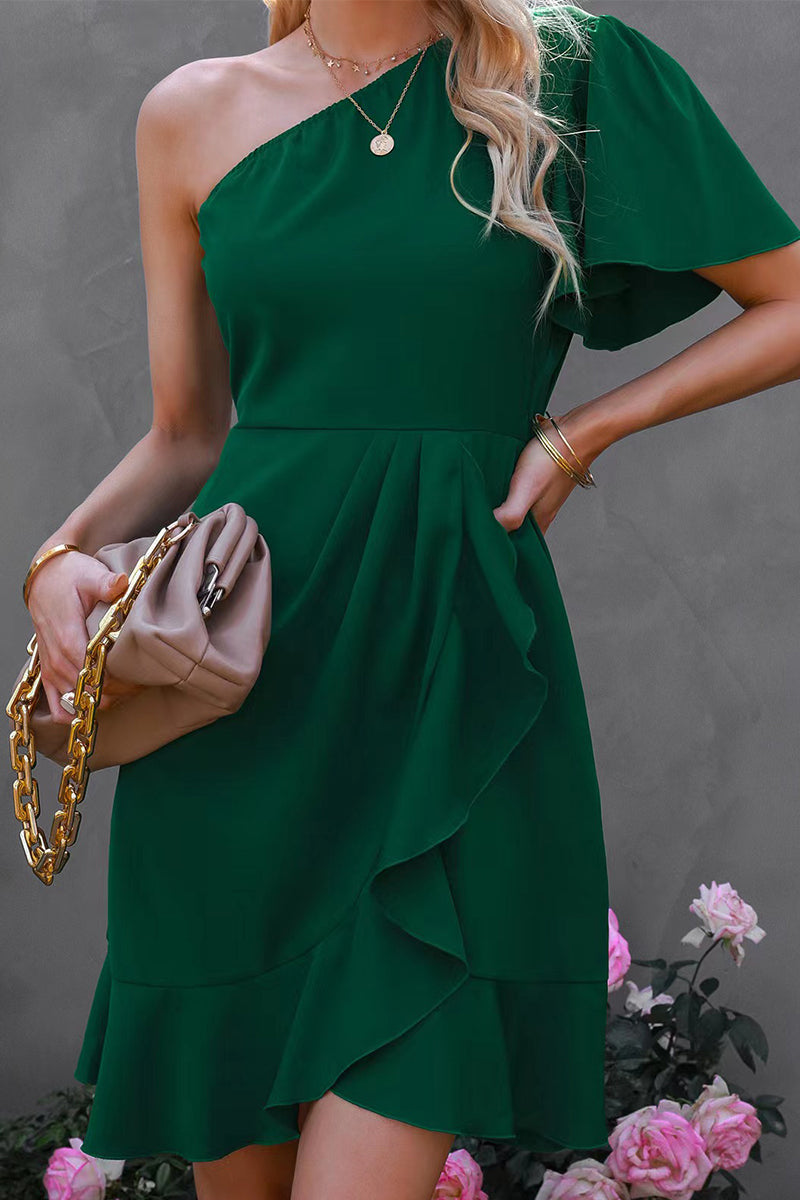 Marialyn - Élégante robe courte asymétrique à une manche et volant