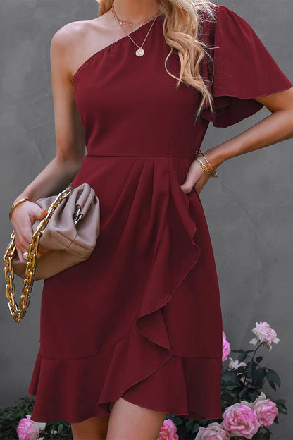 Marialyn - Élégante robe courte asymétrique à une manche et volant