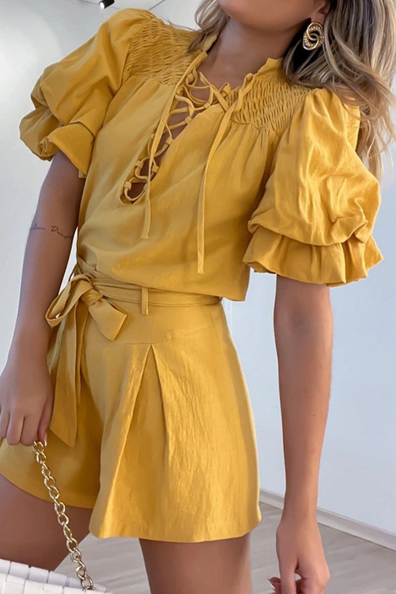 Minda - Élégant combishort à manches volantées et taille haute