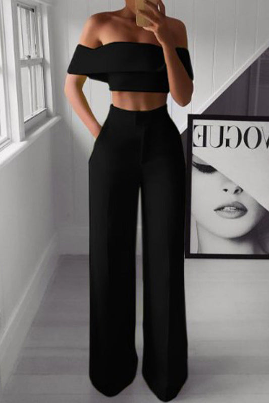 Sofia - Ensemble élégant crop top épaules dénudées et pantalon taille haute