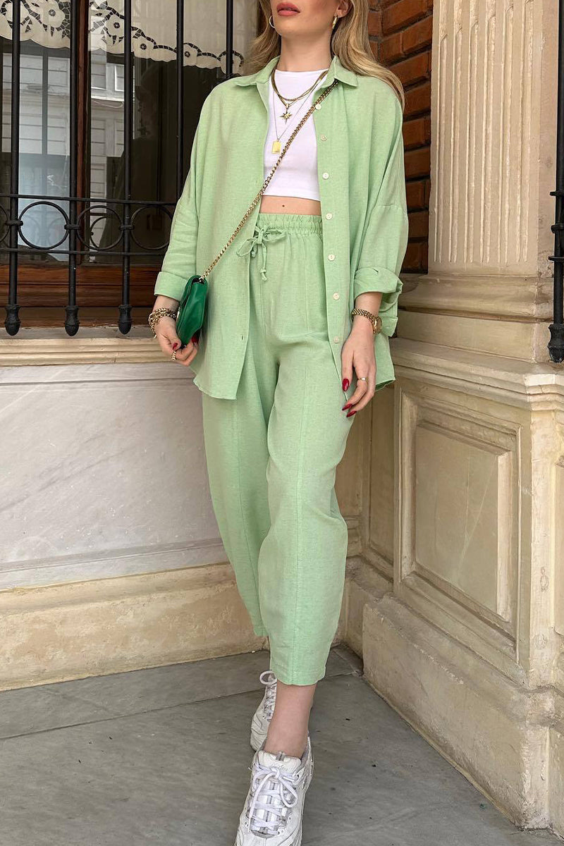 Margareta - Ensemble casual chemise à manches longues et pantalon avec col rabattu et boutons