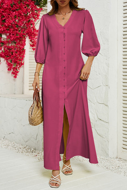 Christine - Élégante robe longue à manches mi-longues, boutons et col en V