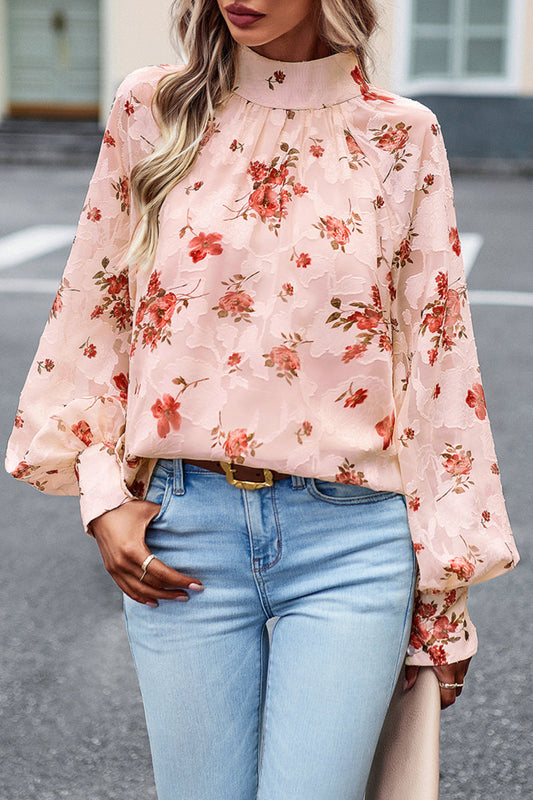 Gloria - Élégante blouse fleurie à col montant et manches longues