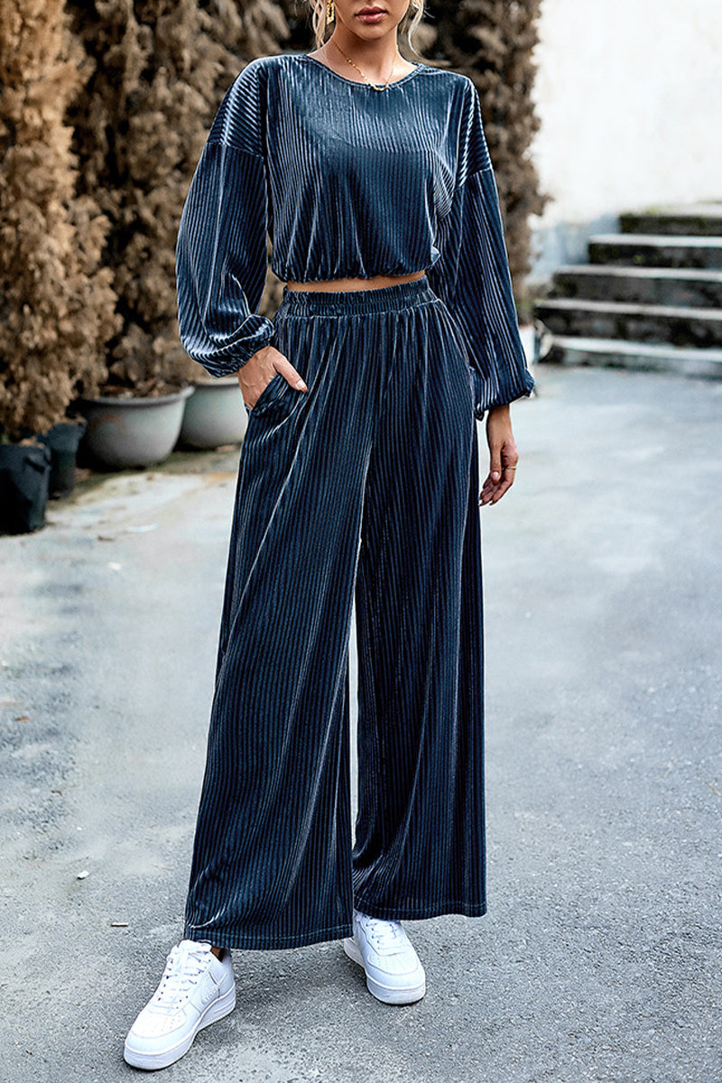 Irish - Ensemble élégant blouse courte à rayures manches longues et pantalon