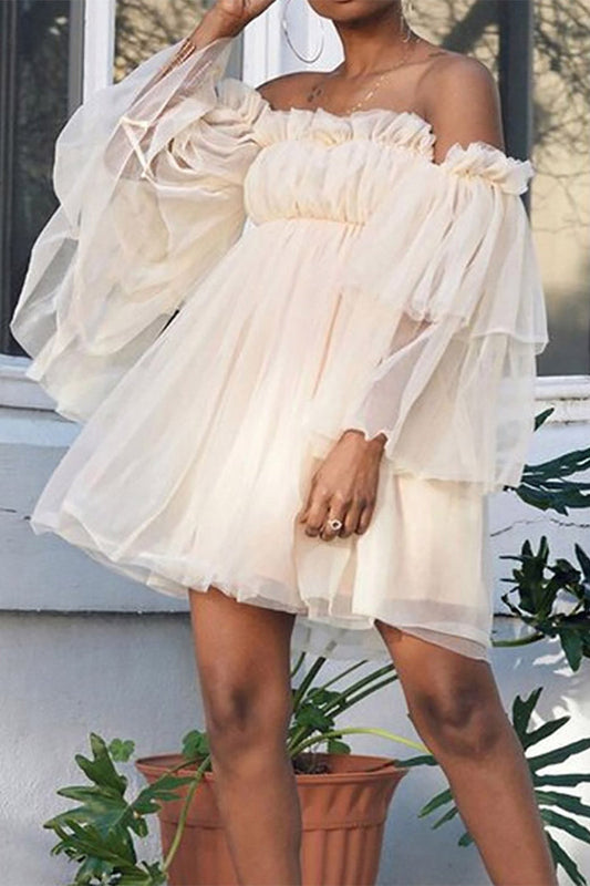 Cosette - Élégante robe midi à épaules dénudées et volants fluides