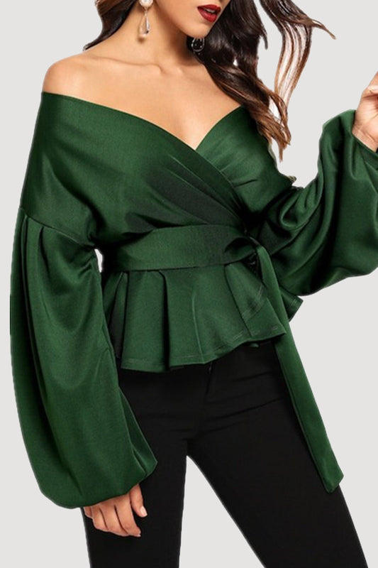Camellia - Élégante blouse à épaules dénudées, col en V, manches longues et taille ceinturée