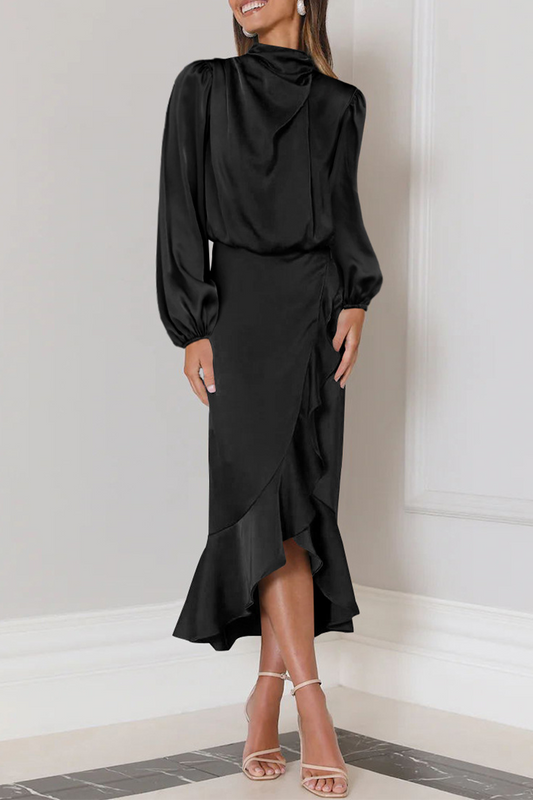 Hilda - Élégante robe midi à manches longues avec volants et col montant