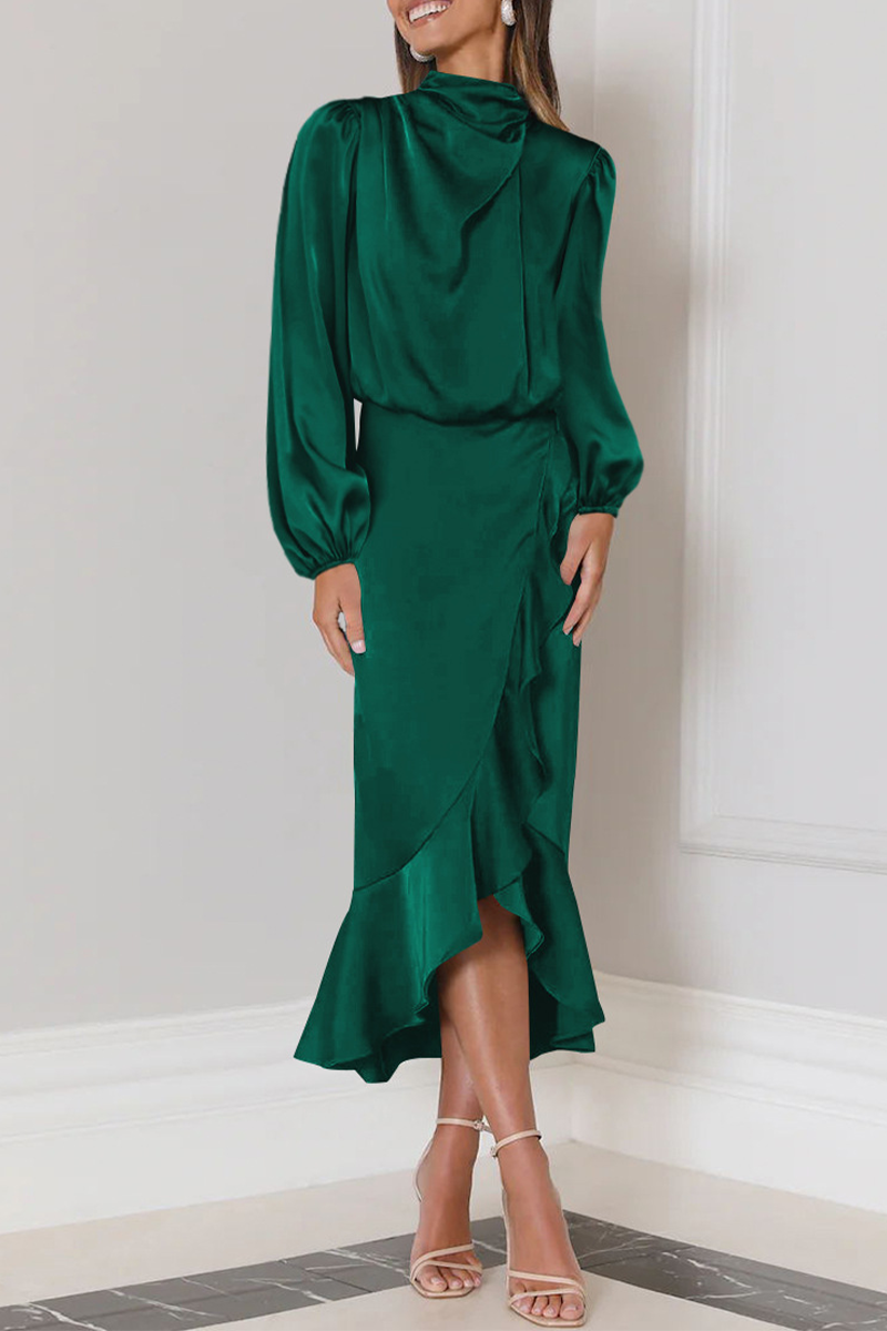 Hilda - Élégante robe midi à manches longues avec volants et col montant