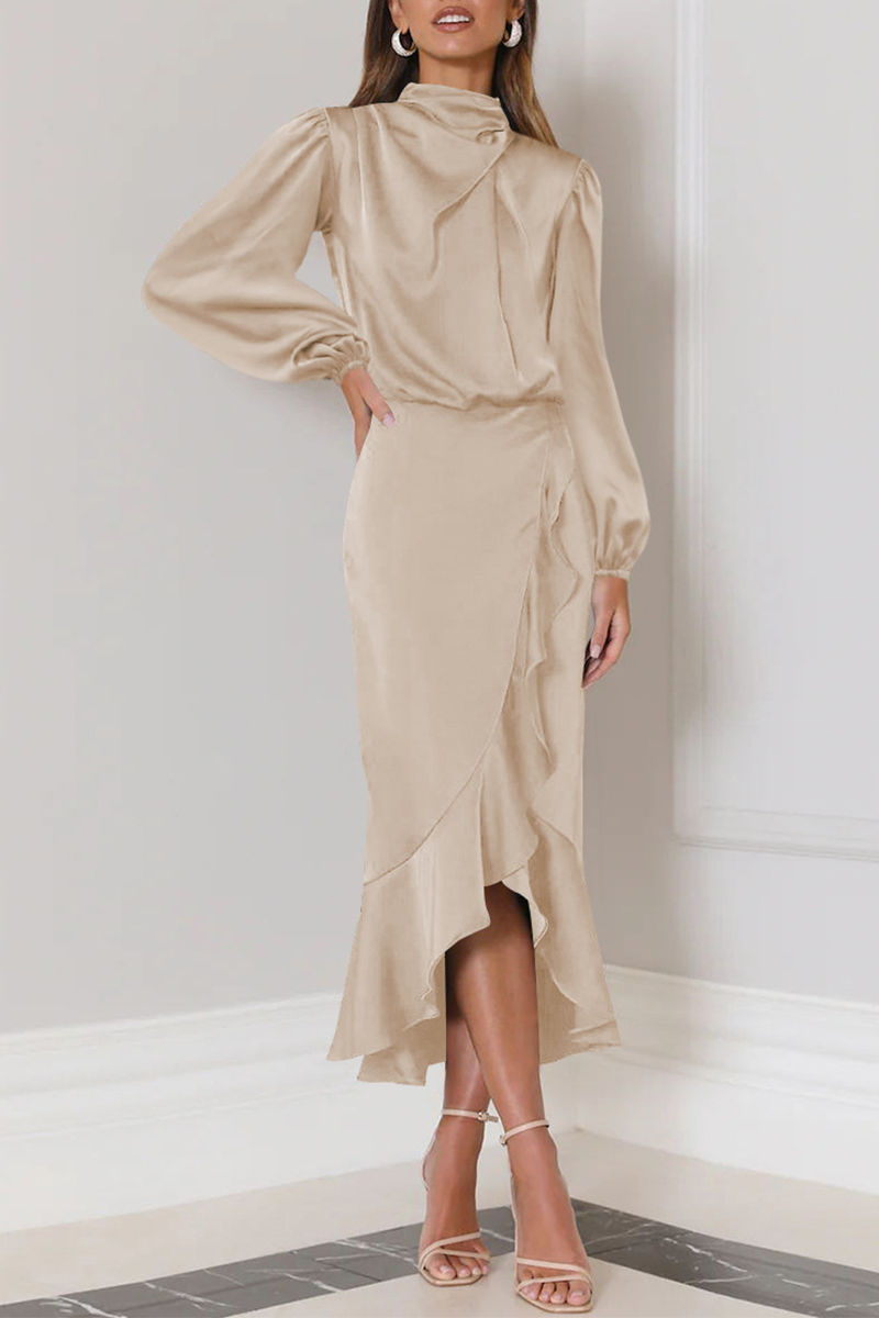 Hilda - Élégante robe midi à manches longues avec volants et col montant