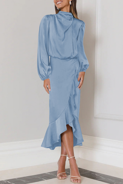 Hilda - Élégante robe midi à manches longues avec volants et col montant