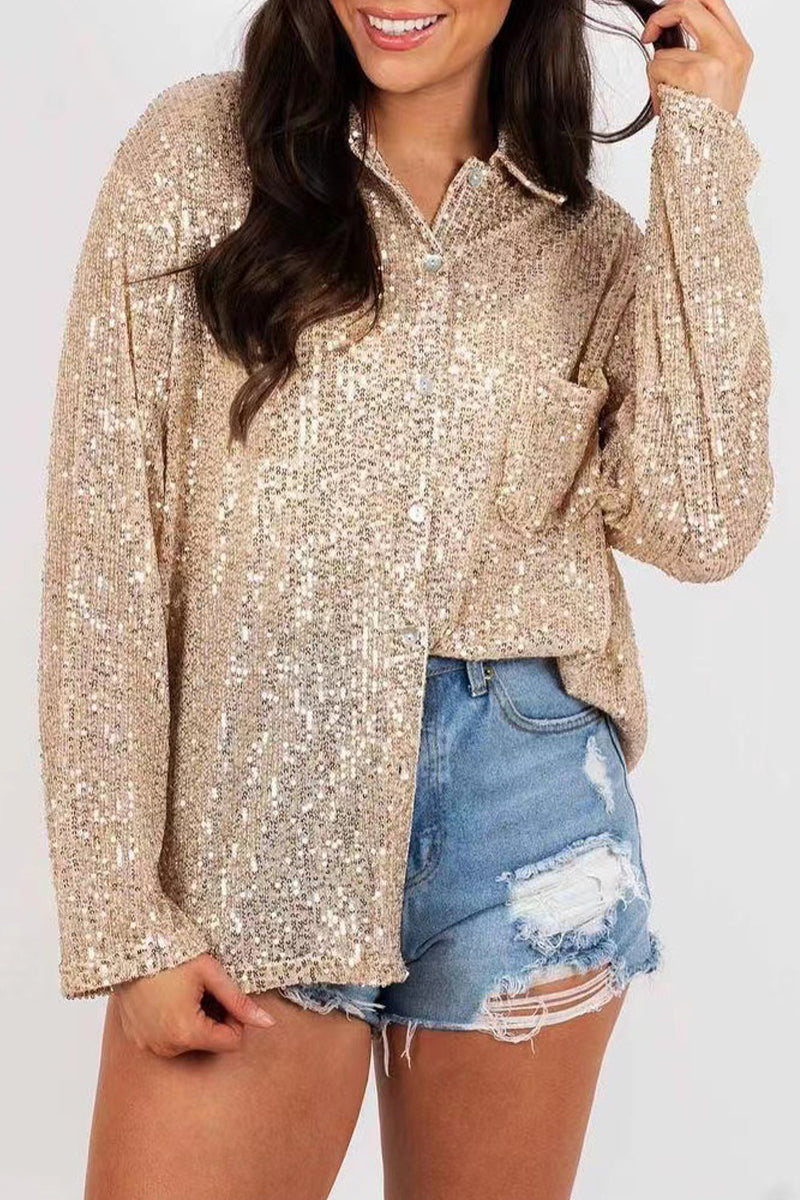 Leny - Élégante blouse polo à manches longues avec boutons et sequins