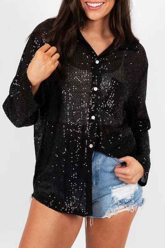 Leny - Élégante blouse polo à manches longues avec boutons et sequins