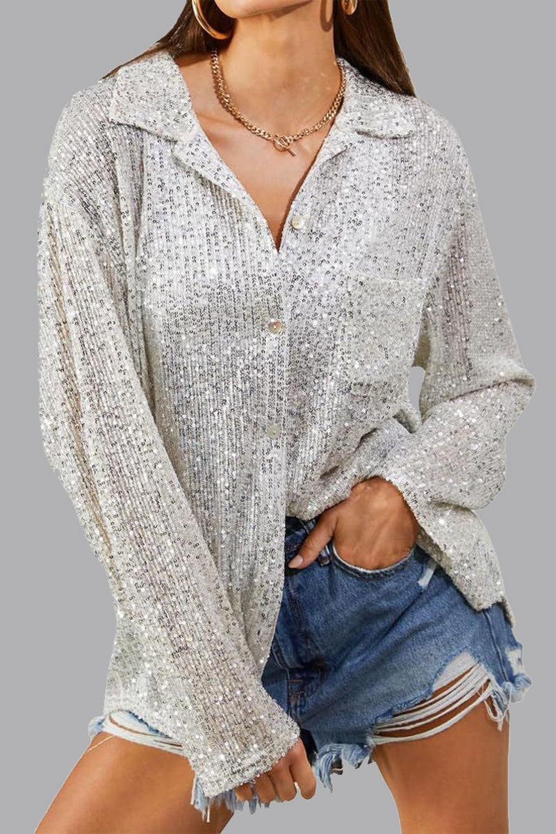 Leny - Élégante blouse polo à manches longues avec boutons et sequins