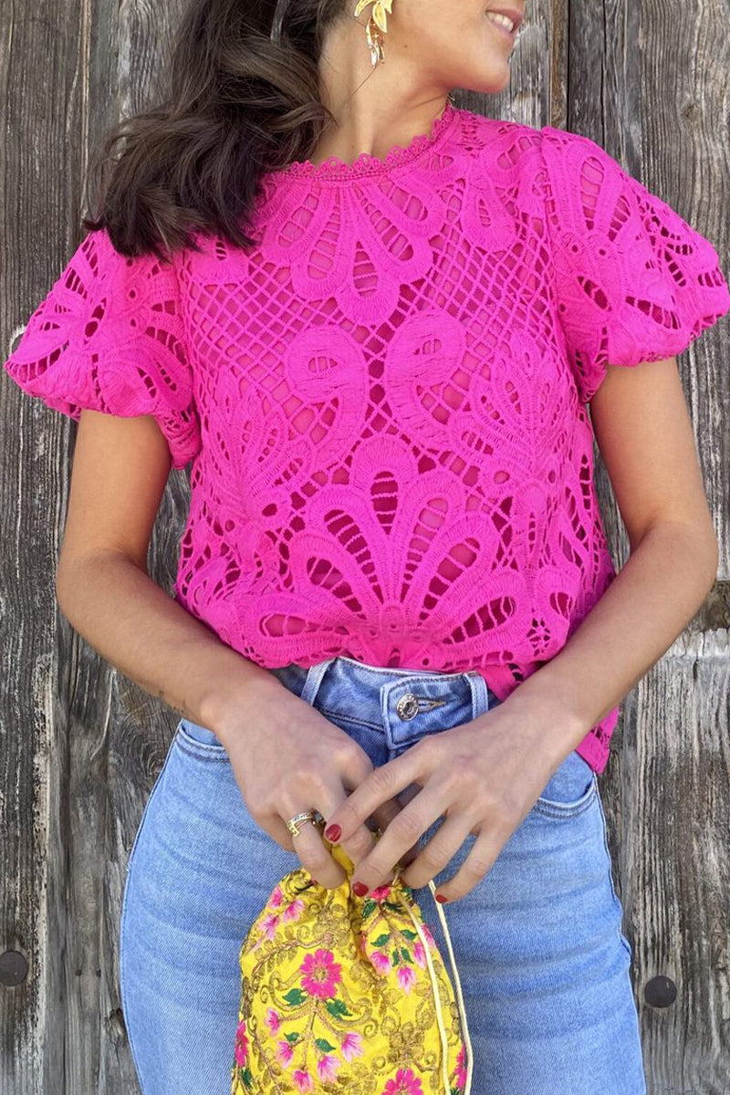 Mona - Blouse casual en dentelle unie à manches courtes ajourées