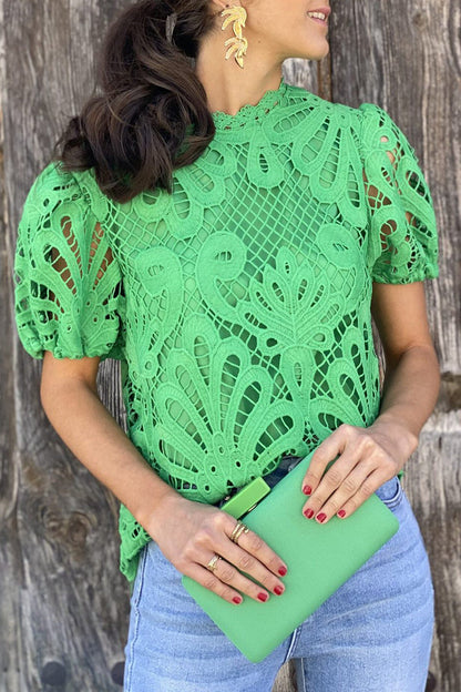 Mona - Blouse casual en dentelle unie à manches courtes ajourées